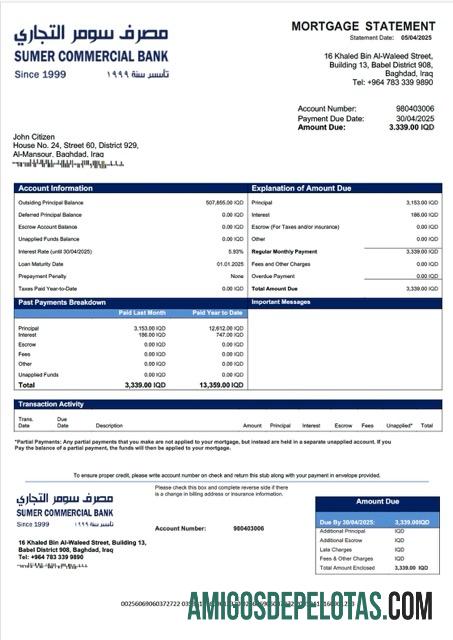 imprimível Modelo Word e PDF de declaração de hipoteca do Iraq Sumer Bank